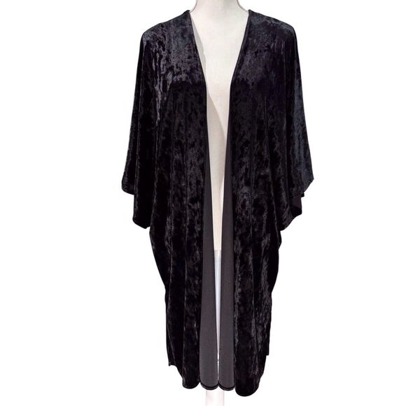 Black Crushed Velvet Long Cardigan Duster Womens XL 1X Dark Whimsigoth Gothic - Picture 1 of 7